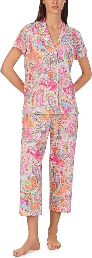 LAUREN Ralph Lauren Short Sleeve Notch Collar Capris PJ Set (Pink Ground Paisley) Women's Pajama Sets