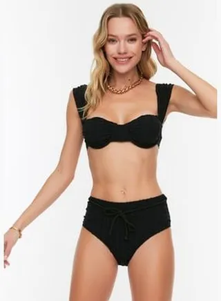 Black Gingham Textured Accessory Textured High Waist Bikini Bottom TBESS21BA0167