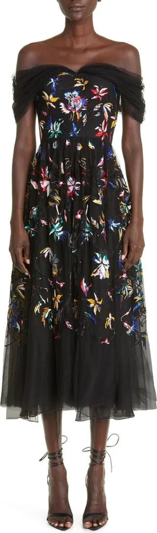Embroidered Off the Shoulder Tulle Cocktail Dress