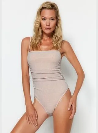 Pink Strapless Draped Silvery High Leg Swimsuit TBESS23MA00406