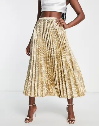 ASOS DESIGN satin pleated midi skirt in beige and white zebra print