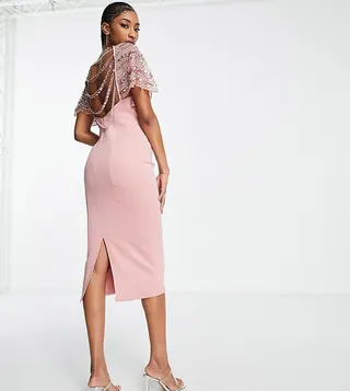 ASOS DESIGN Tall scuba midi dress with embellished cape detail in light pink
