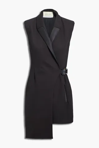 Asymmetric satin-paneled cotton mini dress