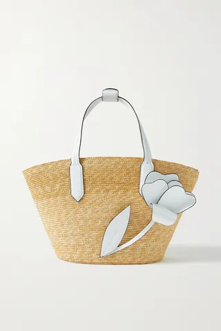 Oscar de la Renta - Tulip Small Appliquéd Leather-trimmed Raffia Tote - White