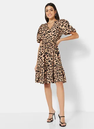 Animal Print Puff Sleeve Dress