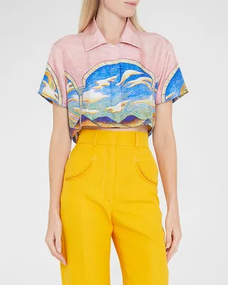 Logo Graphic-Print Cuban-Collar Crop Silk Shirt