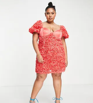 ASOS LUXE Curve 3D floral puff sleeve cupped mini dress in red