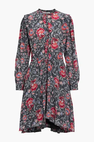 Yandra asymmetric gathered floral-print silk crepe de chine dress
