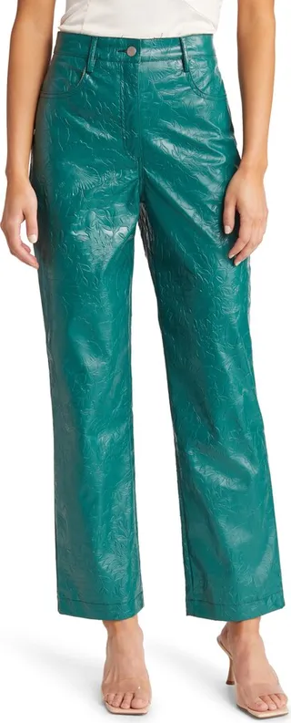 Floral Embossed Faux Leather Straight Leg Pants