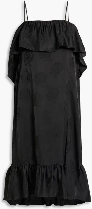 Asymmetric ruffled satin-jacquard dress