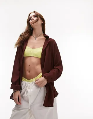 Topshop oversize crinkle beach shirt in chocolate brown