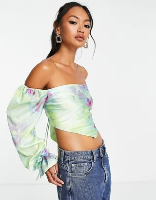 ASOS DESIGN long sleeve scarf top in lime blurred floral