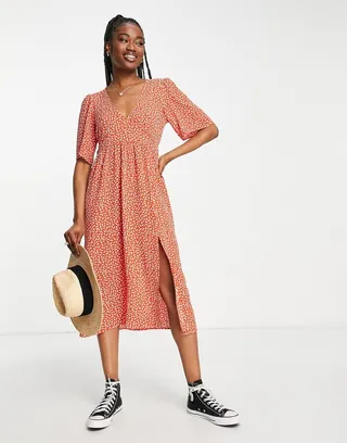 Monki short sleeve midi dress with side slit in ditsy floral