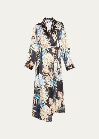 Shawl-Collar Floral-Print Silk Robe