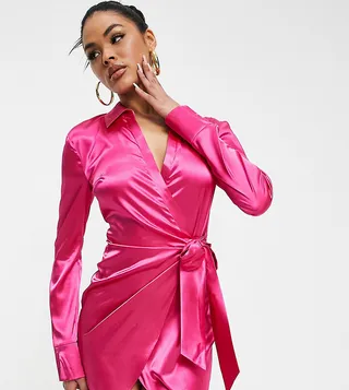 ASYOU satin wrap shirt mini dress in pink