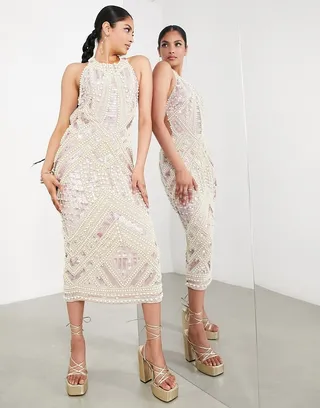 ASOS EDITION pearl and sequin embellished halter midi dress in blush