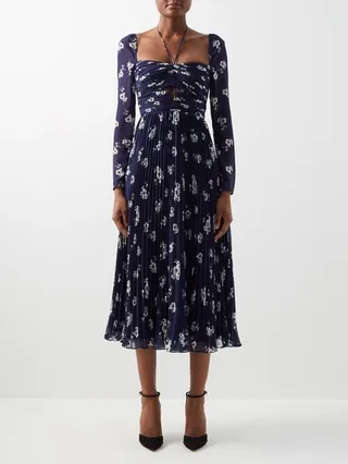Pansy-print Pleated-chiffon Midi Dress