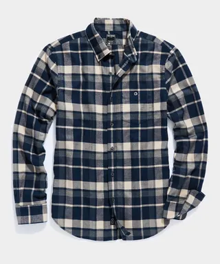 Navy White Plaid Flannel Button-Down