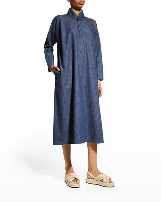 Denim A-Line Midi Dress With Chinese Collar