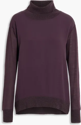 Crepe de chine-paneled merino wool turtleneck sweater