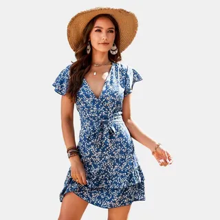 Women's Belted Ditsy Floral Mini Dress - Cupshe-L-Blue