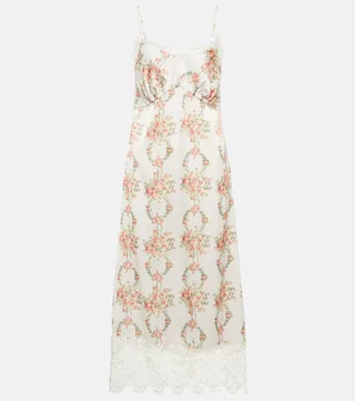 Floral lace-trimmed satin slip dress