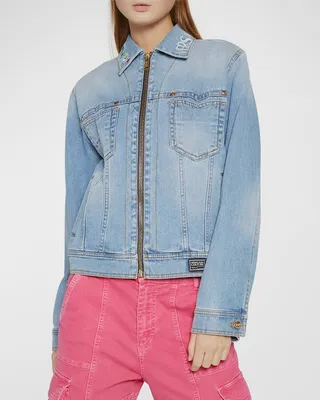 Embroidered Zip-Front Denim Jacket