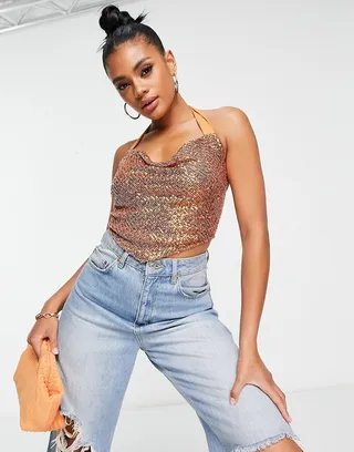ASOS DESIGN sequin cowl neck scarf hem cami in bronze