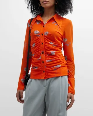 Ruched Button-Front Floral Mesh Shirt