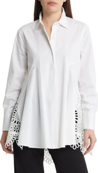 Eyelet Inset Handkerchief Hem Tunic Blouse