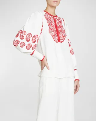 Paisley Embroidered Bib-Front Blouson-Sleeve Top