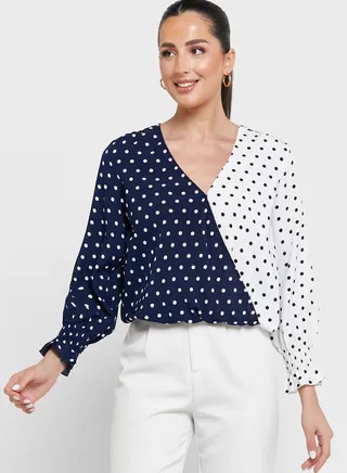 Overlap Collar Detail Two Tone Top