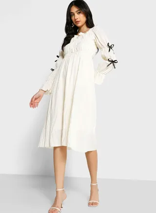 Gathered Sleeve Shirred Waist Textured Dress