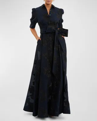 Antoinette Puff-Sleeve Jacquard Shirt Gown