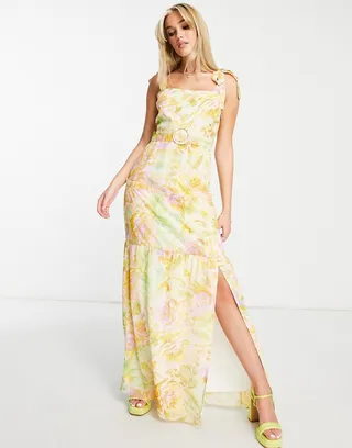 Hope & Ivy tie shoulder belted maxi dress in bright pastel floral