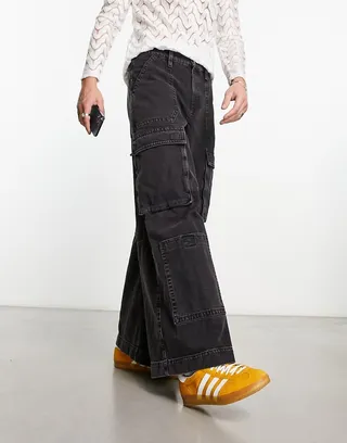 ASOS DESIGN extreme wide leg cargo jeans in washed black