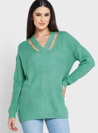 Solid V-Neck Cut-out Sweater
