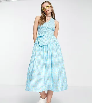 COLLUSION one shoulder shirred gingham midi dress with embroidery in blue