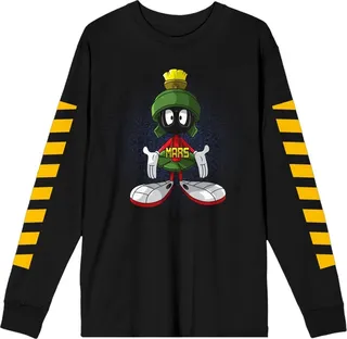 Looney Tunes Marvin the Martian and Yellow Pattern Men’s Black Long Sleeve Tee-M