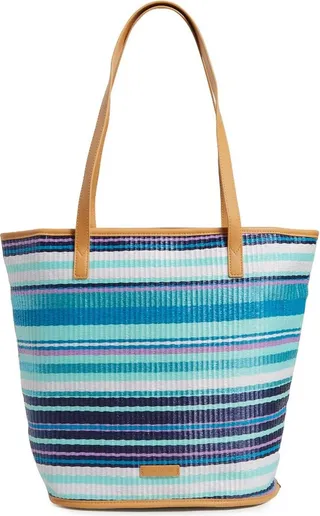 Vera Bradley Women's Straw Straw Bucket Tote Bag Spring Mint Stripe
