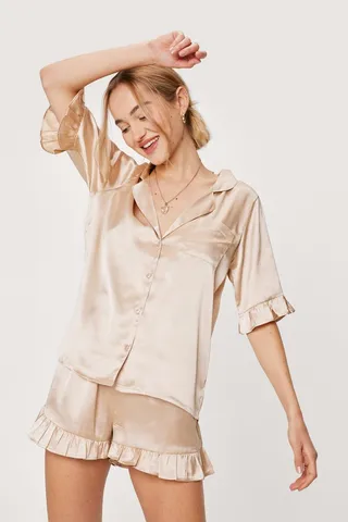 Nasty Gal Womens Satin Ruffle Pajama Shirt and Shorts Set