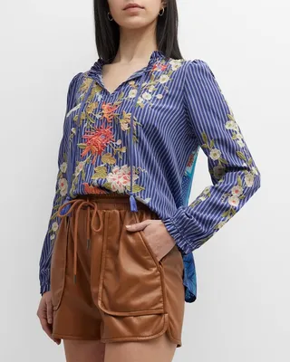 Nalina Striped Floral-Embroidered Silk Blouse