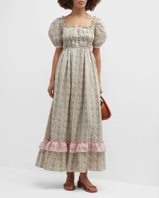 Elisa Linen Smocked Button-Front Midi Dress