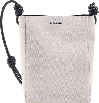 Canvas and leather shoulder bag with frontal logo