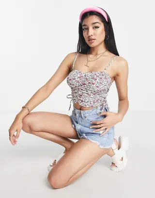 ASOS DESIGN cami top with tie side ruched front in ditsy floral