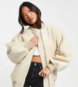 ASOS DESIGN Petite brushed bomber jacket in stone
