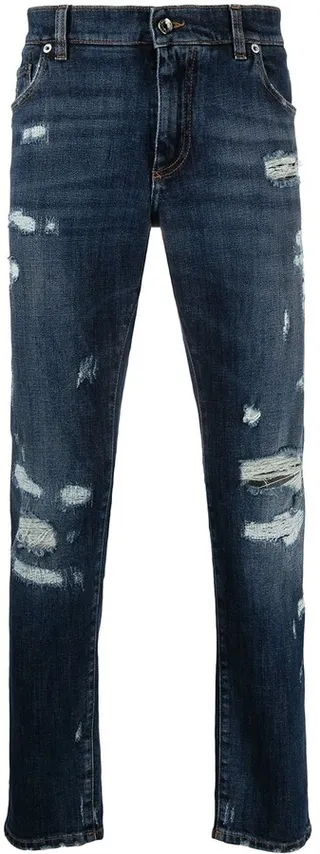 Embossed Logo Ripped Slim-Fit Jeans