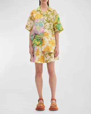 Elora Floral Patchwork Linen Button-Front Shirt