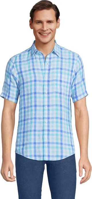 Lands' End Men's Traditional Fit Short Sleeve Linen Shirt - X-large - Soft Aqua Multi Check