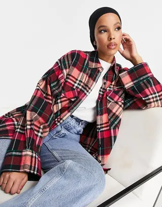 ASOS DESIGN oversized shirt with wide cuff detail in red plaid